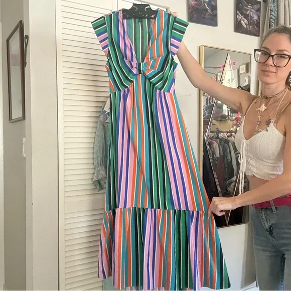 Striped Knot-Front Midi Dress in Green Multi Stripe - Picture 5 of 6